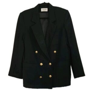 Sajon USA Wool Double Breasted Blazer Jacket Navy Decorative Gold Metal Buttons